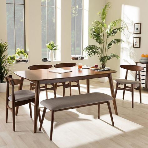 Baxton Studio Flora Dining Table, Chair & Bench 6-piece Set | Kohls Mid Century Modern Dining Set, Set Meja Makan, Light Grey Fabric, Dining Sets Modern, Mid Century Dining, Baxton Studio, Dining Table Top, Modern Dining Table, Modern Dining Room