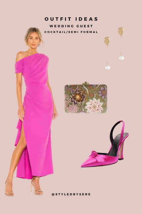 Bring on a bright hue this summer at all your weddings with a gorgeous hot pink cocktail dress. Add matching pointed to heels, a gorgeous sequin floral clutch, and delicate pearl earrings. A wedding guest will have never looked so good! Wedding Guest Dress Accessories, Hot Pink Cocktails, Delicate Pearl Earrings, Hot Pink Cocktail Dress, Bright Pink Dresses, Dress Code Wedding, Pink Cocktail, Pink Wedding Dresses, Floral Clutches