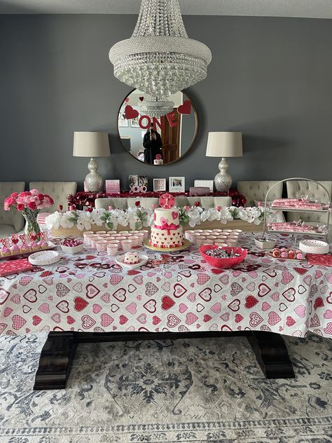 Our little sweetheart is turning one! Valentine’s Day birthday decor. Our Little Sweetheart Is Turning One, 1 Year Birthday Party Ideas, 1 Year Birthday, 1st Birthday Party Decorations, Baby Girl First Birthday, Girls Valentines, Valentines Party, Girl First Birthday, 4th Birthday