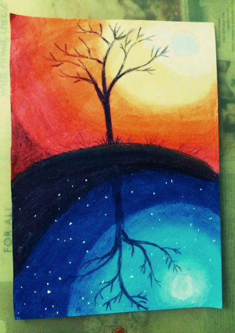 Day vs Night landscape with oil pastels,created by-Designed by Koyel on YouTube Day Vs Night Art, Day And Night Painting Easy, Day And Night Drawing, Colorful Sketches, Day Vs Night, Soft Pastel Art, Easy Canvas, Oil Pastel Drawings, Easy Canvas Painting