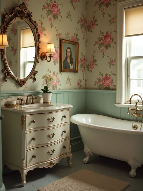 Nostalgic bathroom featuring repurposed dresser vanity and floral wallpaper Cute Bathroom Vanity, Nostalgic Bathroom, Dresser Sink, Dresser Bathroom Vanity, Dresser Vanity Bathroom, Dresser Bathroom, Repurposed Dresser, Bathroom Vanity Designs, Dresser Vanity