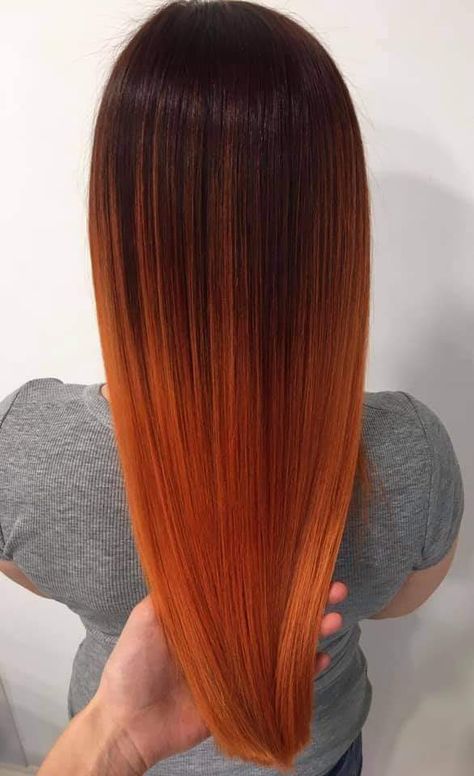 Dark Roots Orange Hair Balayage, Brown And Orange Balayage, Rooted Copper Hair, Copper Balayage Straight Hair, Orange Hair Balayage, Brown To Orange Hair, Orange Hair Colors, Red Hair Updo, Orange Ombre Hair