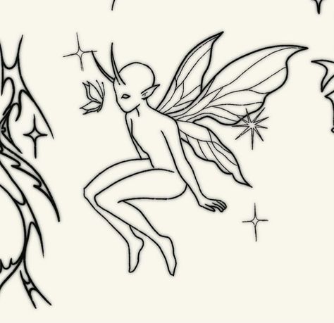 Line Work Fairy Tattoo, Creepy Fairy Drawing, Evil Fairy Drawing, Fairy Outline Tattoo, Simple Fairy Tattoo, Dark Fairy Tattoo, Revenge Tattoo, Elf Tattoo, Pixie Tattoo