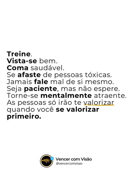 Desbloqueie seu potencial máximo ⬇️⬇️⬇️ Treine: Corpo forte, mente afiada. Vista-se bem: Imagem impecável, confiança implacável. Coma saudável: Combustível de alta performance para o seu corpo e mente. Elimine as toxinas: Afaste-se de influências negativas e cultive relacionamentos positivos. Autoafirmação: Acredite no seu potencial. Você é incrível! Paciência e persistência: A vitória é a recompensa daqueles que não desistem. Mente afiada: Invista em conhecimento e desenvolvimento pessoal. ... April 26, Alta Performance, Marketing, On Instagram