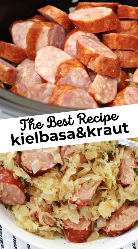 Kielbasa in a pan in one photo, finished kielbasa and kraut in the other photo, ready to eat. Polish Keilbasa Recipes Crock Pots, Pork Kielbasa And Sauerkraut, Sauerkraut Kielbasa Crockpot, Keilbasa And Sauerkraut Recipes Easy, Sauerkraut And Kabasa Recipes Crockpot, Sauerkraut And Kielbasa Crockpot, Kolbassi And Sauerkraut, Slow Cooker Candied Kielbasa Cooktop Cove, Sauerkraut And Cabbage Recipes