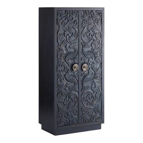 CRAFT Nairi Indigo Carved Wood Fish Storage Cabinet - World Market Rustic Bookcase, Fish Motif, Wood Fish, Artisan Furniture, Wood Storage Cabinets, Wooden Wardrobe, Carved Furniture, Cabinet Shelving, Solid Mango Wood