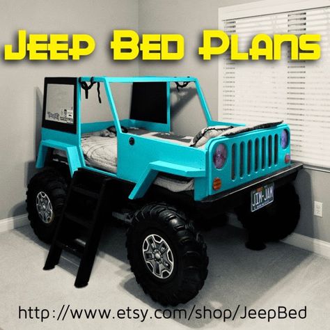 Build your own Jeep Bed following these easy to follow plans! Tractor Bed, Jeep Bed, Bunk Bed Plans, Garage Furniture, Big Kid Bed, Jeep Wrangler Accessories, Toddler Beds, Twin Mattress Size, Car Bed