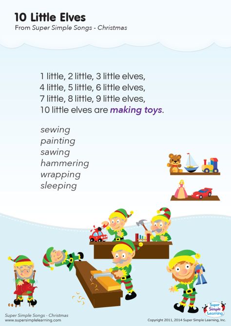 10 Little Elves Lyrics Poster - Super Simple Kids Christmas Poems, Christmas Songs For Toddlers, Elf Song, Preschool Christmas Songs, Toddler Activities Daycare, Kindergarten Esl, Songs Ideas, Christmas Songs For Kids, December Lessons