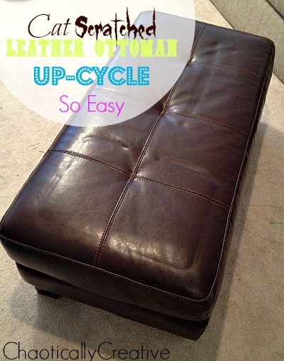 Don't toss out your scratched up leather ottoman. Recover it with this simple DIY ottoman recover tutorial Refurbished Furniture Diy, Diy Bank, Reupholster Chair Dining, Faux Leather Ottoman, Nautical Chic, Diy Ottoman, Furniture Fix, Ottoman Slipcover, Diy Couch