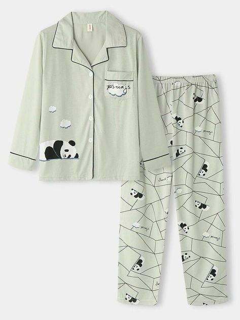 Youtube Shifting, Black Bouquet, Boyish Outfits, Pajama Fashion, Cute Sleepwear, Cute Pajama Sets, Pajama Outfits, Cartoon Panda, Revere Collar