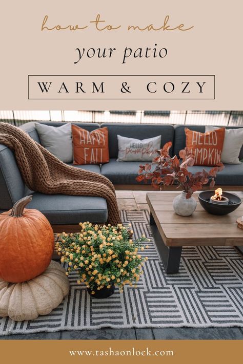 Outdoor Fall Patio Decor Reveal Fall Patio Decorating Ideas Cozy, Fall Outdoor Patio, Fall Patio Decorating Ideas, Fall Outdoor Space, World Market Furniture, Small Covered Patio, Fall Patio Decor, Fall Patio, Fall Backyard