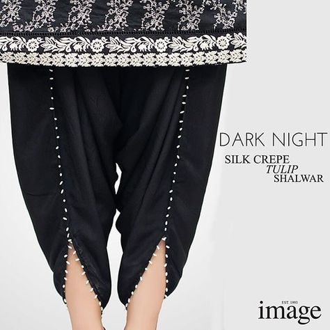 #NewIn - #Image black silk crepe Tulip Shalwar with pearl embellishment, 'Dark Night'  Now available in stores and online at www.image.net.pk  #ImageFabrics @imagefabrics Tulips Pants, Tulip Salwar, Shalwar Designs, Panjabi Dress, Tulip Shalwar, Plazzo Designs, Shalwar Design, Plazo Pants, Aditi Bhatia