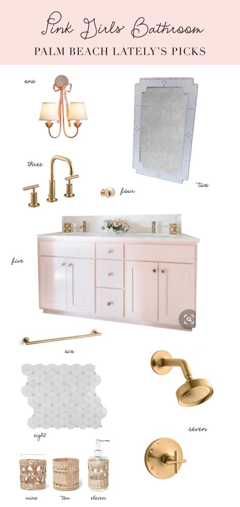 Half Bathroom Ideas Pink, Light Pink Cabinets Bathroom, Sisters Bathroom Ideas, Pink Vanity Bathroom, Girls Bathroom Tile, Pink Bathroom Cabinets, Toddler Girl Bathroom, Toddler Girl Bathroom Ideas, Palm Beach Bathroom