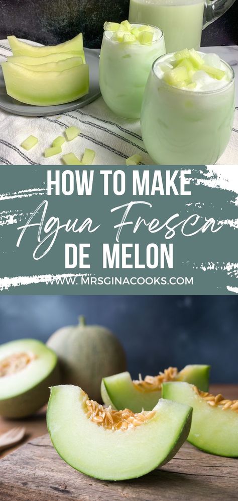 agua-de-melon-recipe-mexican-drinks-mexican-recipes-agua-frescas-agua-de-melon-con-leche-recipe-traditional-mexican-recipes-mexican-food-authenitic-mexican-recipes-mrs-gina-cooks-food-blog-mexican-drinks-summer-drinks Mixology Recipes, Agua Fresca Recipe, Melon Recipes, Authentic Mexican Recipes, Mexican Drinks, Drink Recipes Nonalcoholic, Summertime Drinks, Recipes Summer, Smoothie Drink Recipes