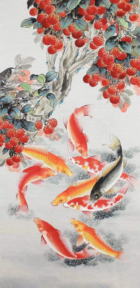 Fengshui Painting, Gongbi Painting, Chinese Painting Traditional, Stylized Drawing, Koi Fish Art, Koi Painting, Macbook Wallpapers, Dragon Fish, Chinese Wall