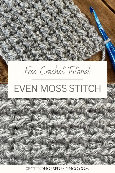 Even Moss Crochet Stitch Tutorial - Spotted Horse Design Co. Moss Crochet Stitch, Even Moss Stitch, Moss Crochet, Crochet Moss Stitch, Crochet Moss, Woven Stitch, Spotted Horse, 100 Crochet Stitches, Crochet Stitch Tutorial