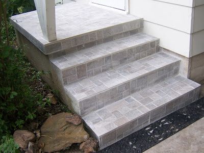 Professionally installed porcelain tile covers old concrete steps. Tiling Stairs, Tiles For Stairs, Tile Patio, House Steps, Entry Steps, Outside Steps, Stairs Edge, House Entry, Outdoor Porcelain Tile