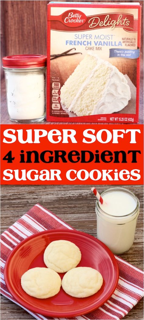 Super Soft Sugar Cookies!  These French Vanilla sugar cookies are the ultimate dessert whether you're hosting a big get-together or simply want an easy weekend dessert!  With 4 ingredients you simply can't go wrong! Vanilla Sugar Cookie Recipe, Vanilla Sugar Cookies, French Vanilla Cake, Cookies Cupcake, Cake Mix Cookie Recipes, Vanilla Sugar Cookie, Chewy Sugar Cookies, Dessert Simple, Vanilla Cake Mixes