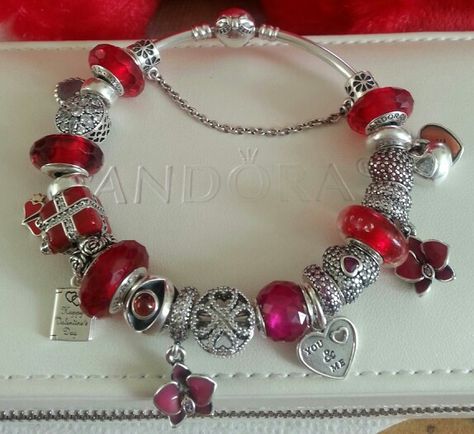 MY RED PANDORA BRACELET Red And Pink Pandora Bracelet, Red Pandora Bracelet, Black Pandora Bracelet, Pink Charm Bracelet, Pandora Red, Popular Bracelets, Red Bracelet, Red Bracelets, Pandora Bracelets