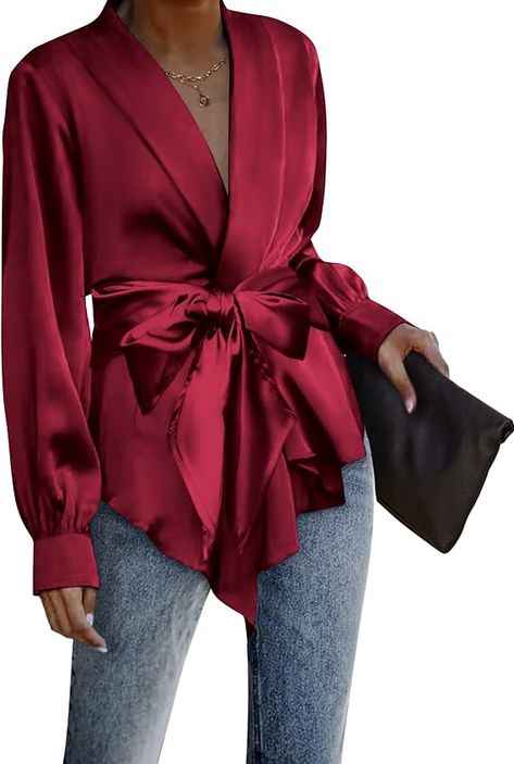 Silk Blouse Outfit, Silk Shirt Outfit, Satin Wrap Top, Classy Blouses, Satin Shirts, Draped Cardigan, Satin Shirt Dress, Classy Lady, Silk Cardigan