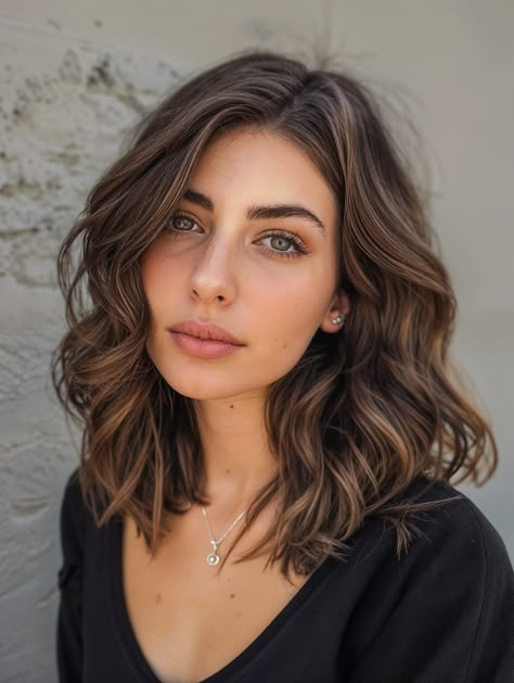 Medium Short Haircuts For Thick Hair, Relaxed Waves Hair, Medium Length Light Brown Hair, Above The Shoulder Haircuts, Shoulder Length Balayage, Dark Brunette Balayage, Shoulder Length Wavy Hair, Natural Brunette, Balayage Ideas