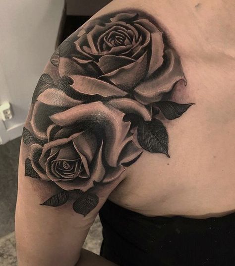 Huge Rose Tattoo, Back Shoulder Rose Tattoos For Women, Realistic Black Rose Tattoo, Roses On Neck Tattoo, Cover Up Tattoo Shoulder For Women, Shoulder Coverup Tattoo, Rose On Shoulder Tattoo, Roses On Shoulder Tattoo, Rose Shoulder Tattoos For Women