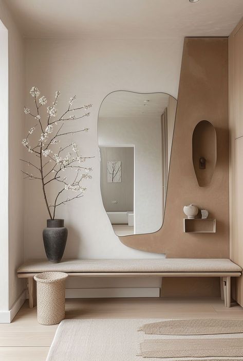 Japandi Hallway, Mirror And Bench, Minimalist Entryway, Entryway Decor Ideas, Chairs Living Room, Unique Mirror, Hallway Inspiration, Wall Living Room, Entryway Wall Decor