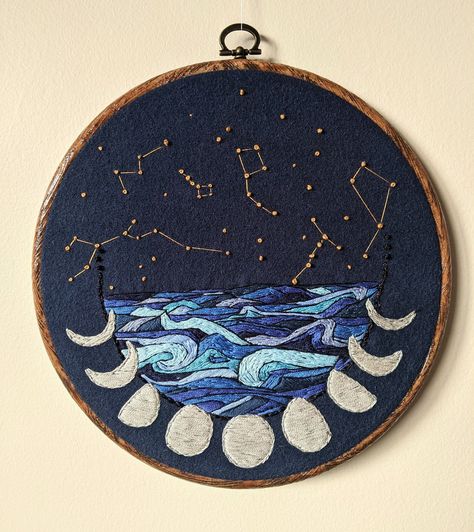 embroidery patterns Ocean Wave Embroidery, Space Themed Embroidery, Embroidered Constellations, Planets Embroidery, Moon Embroidery Pattern, Astrology Embroidery, Clouds Embroidery, Celestial Embroidery, Space Embroidery