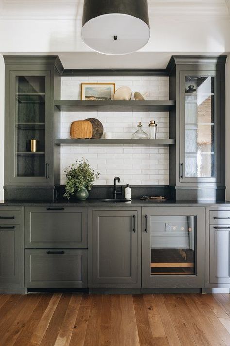 dark green cabinets and soapstone counters Open Shelving Styling, Shelving Styling, Wet Bar Ideas, Wet Bar Cabinets, Latest Kate, Basement Wet Bar, Kate Marker Interiors, Green Cabinets, Wet Bars