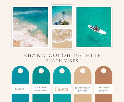 Brand color palette, "Vibes" has beautiful beachy tones perfect for designing your business brand. Comes with unique color hex codes. Make your brand shine with our unique colors. Beach Website Design Inspiration, Bright Blue Color Palette, Brand Color Palette Hex Codes, Sea Palette, Color Palette Hex Codes, Beach Color Palettes, Ocean Themed Bedroom, Website Color Schemes, Counseling Office