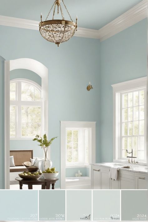 Palladian Blue, Benjamin Moore, serene spaces, interior design Turquoise Mist Benjamin Moore, White Heaven Benjamin Moore, Coastal Blue Bedroom Paint, Benjamin Moore Tranquil Blue, Aqua Home Decor, Bm Summer Shower Paint, Benjamin Moore Polar Sky, Seafoam Benjamin Moore, Pale Aqua Paint Colors