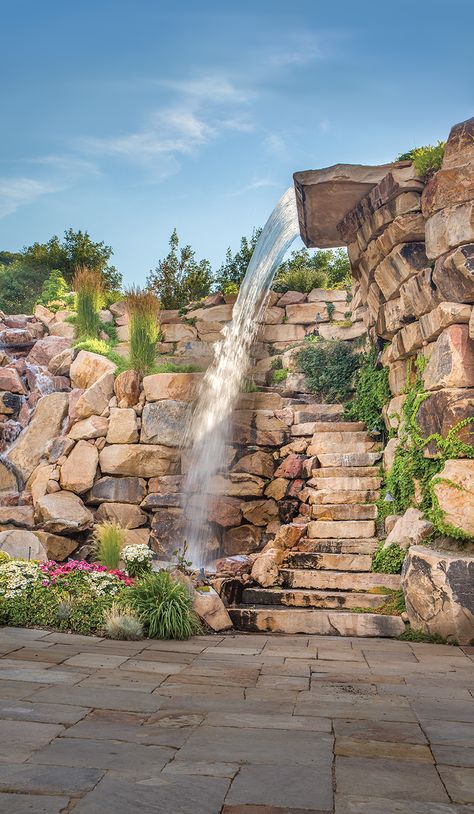 rock wall Waterfall Staircase, Small Landscape Design, Glass Front Entry Doors, Meandering Path, Florida Cottage, Utah Style, Melting Snow, Potted Palms, Small Landscape