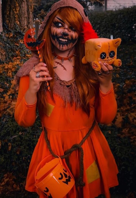 Orange Halloween Costume Ideas, Sam Trick R Treat Costume Makeup, Sam From Trick Or Treat Makeup, Trick Or Treat Sam Makeup, Orange Dress Halloween Costume, Sam Makeup Trick R Treat, Sam Halloween Makeup, Trick R Treat Makeup, Sam Trick R Treat Costume