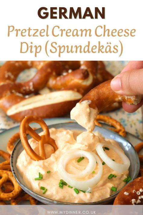 German Pretzel Cream Cheese Dip Cream Cheese Pretzel Dip, Cheese Dip For Soft Pretzels, German Soft Pretzel Recipe, Pretzel Dipping Sauce, Pretzel Appetizers, Pretzel Cheese Dip, Pretzel Dip Recipes, German Appetizers, German Snacks