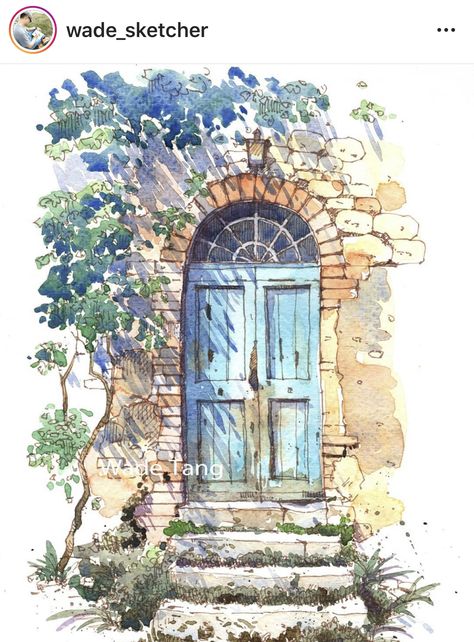 Greece Watercolor Painting Easy, Watercolour Doors Watercolor Painting, Watercolour Doorways, Door Watercolor Painting, Watercolor Doors Paintings, Watercolor Doors, Watercolor Door, Door Drawing, Watercolor Art Landscape