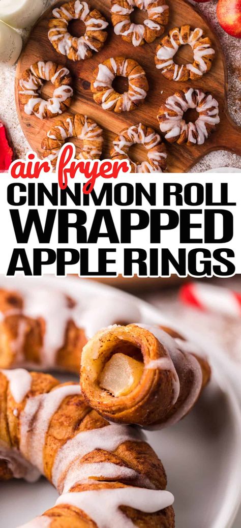 Meet your new favorite way to easily make a scrumptious snackable apple pie with 2-ingredient Air Fryer Cinnamon Roll Wrapped Apple Rings! Cinnamon Snacks, Cinnamon Dessert Recipes, Fried Apple Rings, Baked Apple Slices, Cinnamon Desserts, Cinnamon Roll Icing, Apple Tart Recipe, Apple Rings, Apple Slaw