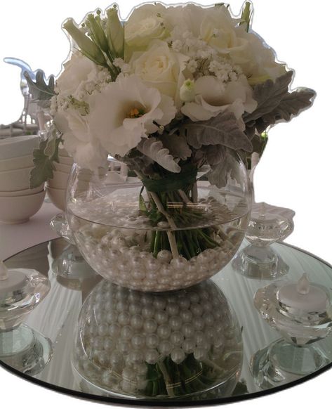 Outside Bridal Showers, 30th Anniversary Decorations, Pearl Wedding Centerpieces, Pearls Wedding Theme, White Rose Centerpieces, Vase Filler Ideas, Pearl Wedding Invitations, Pearl Bridal Shower, Pearl Centerpiece