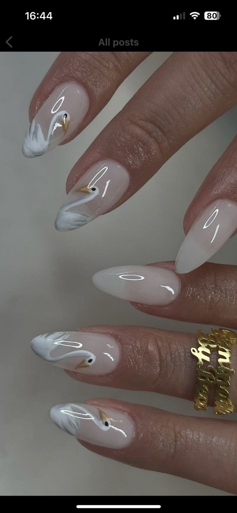 White November Nails, White Accent Nail Designs, Swan Nails Design, White Swan Nails, Swan Lake Nails, Milky White Almond Nails With Gold, Milky White Nail Art, Swan Lake Inspired Nails, Milky White Celestial Nails