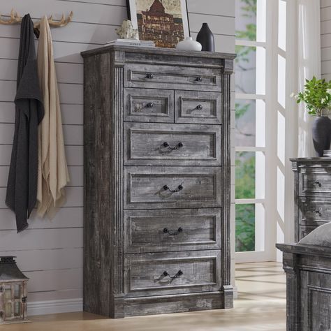 PRICES MAY VARY. DRESSER DIMENSIONS: Overall Measuring 31.5" W × 15.55" D × 57.48" H, this dresser comes with 2 small drawers 11.42" W × 11.8" D × 3.79" H and 4 large drawers 24.41" W × 11.8" D × 6.5" H to categorize your different objects while providing plenty of storage space! The top drawer measures 24.41" W × 11.8" D × 3.78" H and can be used for jewelry. Keep your belongings organized and your room tidy ROMAN COLUMN DESIGN: Add a touch of rustic charm and classical elegance to your bedroom Tall Dressers, Dresser Dimensions, Rustic Closet, Closet Dresser, Column Lighting, Tall Nightstands, Dresser In Closet, Farmhouse Dresser, Nightstand With Charging Station