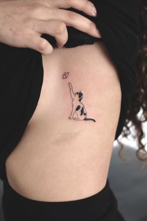 Cat Playing With Flower Tattoo, Multiple Cat Tattoo, Cat Line Art Tattoo, Black And White Cat Tattoo, Angel Cat Tattoo, Tattoo Designs Cat, Small Quirky Tattoos, Minimal Cat Tattoo, Tiny Cat Tattoo