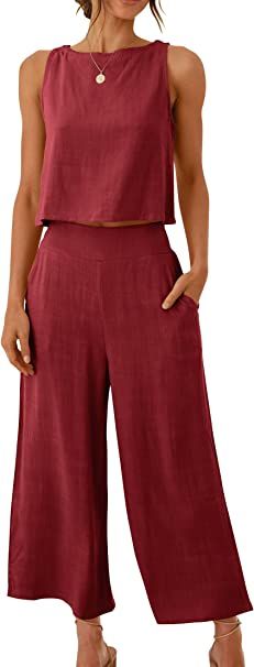 Outfit Ideas | ANRABESS Women's Summer 2 Piece Outfits Sleeveless Tank Crop | Trendy Casual Outfits Kids Fashion Wear, Wide Leg Pant Suit, Mens Fashion Wear, Cropped Wide Leg Pants, Jumpsuit Elegant, Linnet, Linen Style, Hipster Fashion, Round Neck Tops