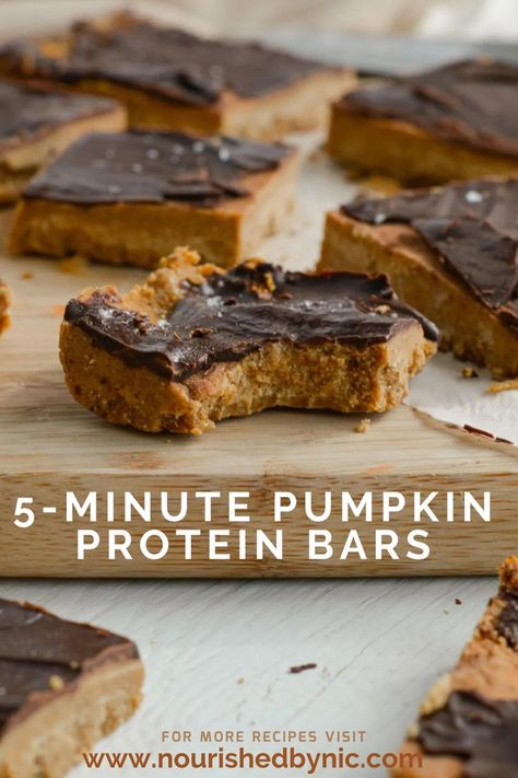 5-minute Pumpkin Protein Bars recipe Protein Bars Recipes, Dairy Free Protein Bars, Pumpkin Protein Bars, Gluten Free Protein Bars, Pumpkin Pie Protein, Healthy Protein Bars, No Bake Pumpkin, Pumpkin Protein, Protein Bars Homemade