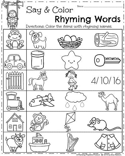 Spring Kindergarten Worksheets - Say and Color Rhyming Words Rhyme Kindergarten, Rhyming Words Worksheets, Rhyming Worksheet, Spring Kindergarten, Kindergarten Prep, Rhyming Activities, Kindergarten Readiness, Kindergarten Ela, Kindergarten Math Worksheets