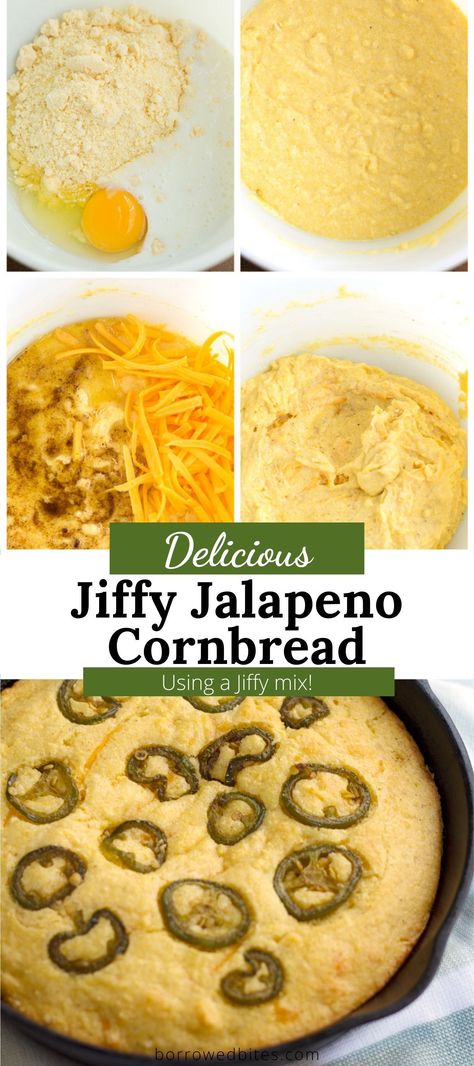 This Mexican inspired Jiffy Jalapeno Cornbread is a moist, sweet, and spicy treat! It has a mild kick from slices of jalapeno and cheesy goodness from sharp cheddar with a crust from being cooked in a cast iron skillet for a delicious addition to your favorite meal! Jalapeño Cornbread Recipe Jiffy, Jalepeno Cornbread Jiffy, Jiffy Jalapeno Cheddar Cornbread, Jiffy Jalapeno Cornbread, Jalapeno Cornbread Jiffy, Cornbread Mexican, Mexican Cornbread Jiffy, Jalapeño Cornbread Recipe, Jiffy Mix Recipes