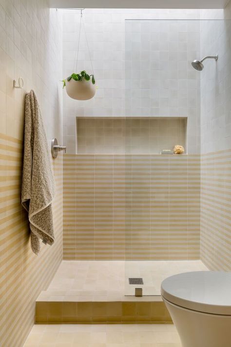 17 Luxurious Walk-In Shower Ideas From Designers Yellow Tile Bathroom Ideas, Toilet Lighting, Cement Tile Bathroom, Yellow Tile Bathroom, Bathroom Yellow, Spa Vibes, Striped Bathroom, Zia Tile, Tub To Shower Conversion