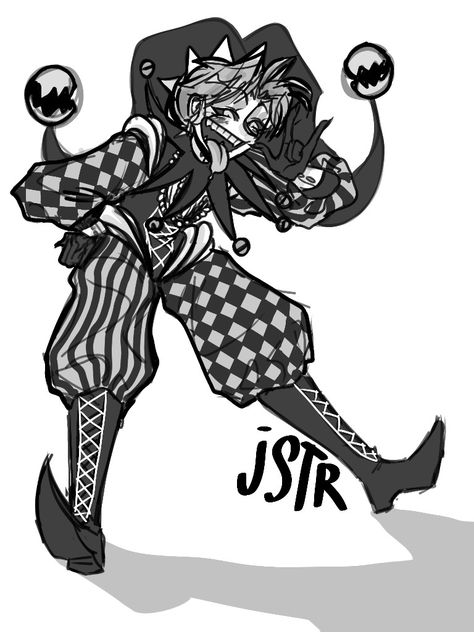 jester art jstr jesters шут шуты скоморох арт Juggalo Oc Drawing, Evil Jester Drawing, Clown Oc Outfits, Goth Jester Outfit, Creepy Clown Character Design, Jester Clown Drawing, Circus Clown Character Design, Jester Hat Reference, Jester Shoes Drawing