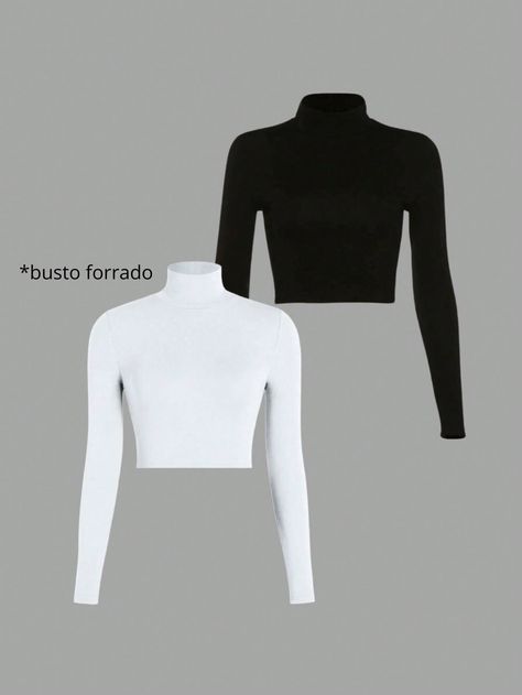 Duas Blusas Cropped Gola Alta e Manga Longa Preto e Branco Casual,elegante  Manga Comprida  Simples  Elasticidade Média  Women Clothing, size features are:Bust: ,Length: ,Sleeve Length: Basic Crop Top, Nova York, Aesthetic Clothes, Women Clothing, Womens Tees, Spiderman, Length Sleeve, Womens Tops, Street Wear