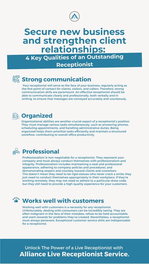 A receptionist is often the first point of contact for clients, making their role crucial in shaping the perception of your business. These 4 professional attributes are a must-have when searching for receptionist candidates.

By prioritizing these qualities in your hiring process, you can not only meet but exceed your clients’ expectations, helping you to strengthen the customer experience, win more opportunities, and accelerate growth. Receptionist Interview Questions, Virtual Receptionist, Virtual Office, Small Business Success, New Employee, Hiring Process, Interview Questions, Remote Jobs, Organization Help