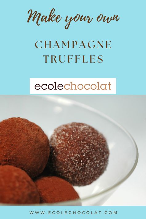 A recipe for the perfect New Year's Eve! For these champagne chocolate truffles, use a sparkler made with blanc de noir grapes (full rosé color) here for a richer flavor, and serve with a glass of bubbly – perfect for romantic toasting! Chocolate Truffles Recipe, Champagne Truffles, Champagne Chocolate, Truffles Recipe, Dark Chocolate Truffles, Truffle Recipe Chocolate, Jelly Roll Pan, Truffle Recipe, Chocolate Bark