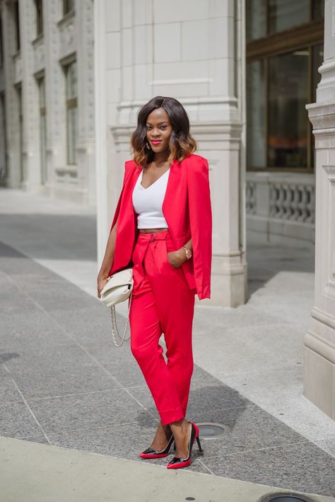 cranberry tantrums: Caped in Red|| Red pant suit Stylish Suit, Pink Power, Pink Suit, Woman Suit Fashion, Pantsuits For Women, Stylish Work Outfits, Style Blogger, Red Pants, Fashion Attire